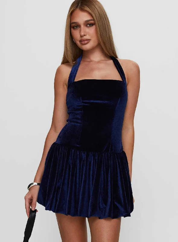 Gigli Bubble Hem Mini Dress Navy Elegant Off-Shoulder Dress Mini