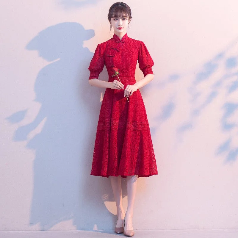 Mandarin Collar Puff Sleeve Floral Lace Knee Length Oriental Evening Dress Tunics Distressed trendy Mandarin Collar Puff Sleeve Floral Lace Knee Length Oriental Evening Dress Tunics Distressed trendy