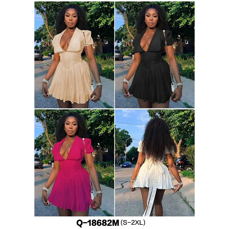 Sexy Deep V-Neck Pleated Mini Dress. Comfortable Shift Mini Dress