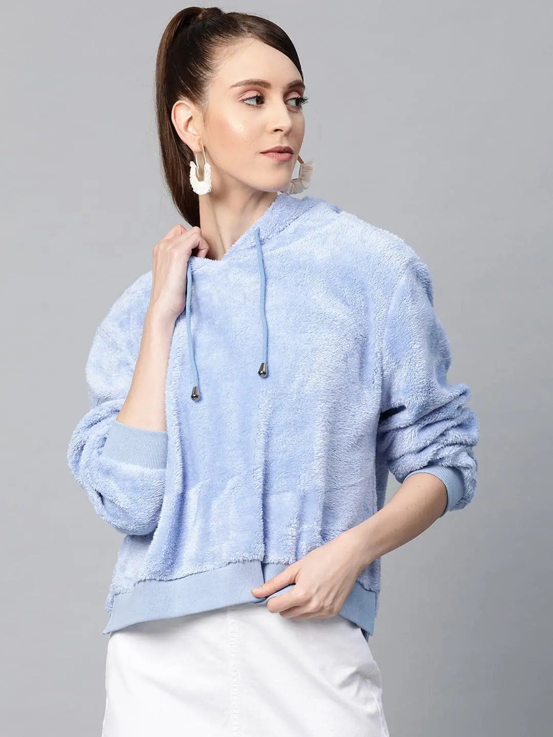 Blue Hooded Faux Fur Sweatshirt Hoodie with Applique Textured Unique