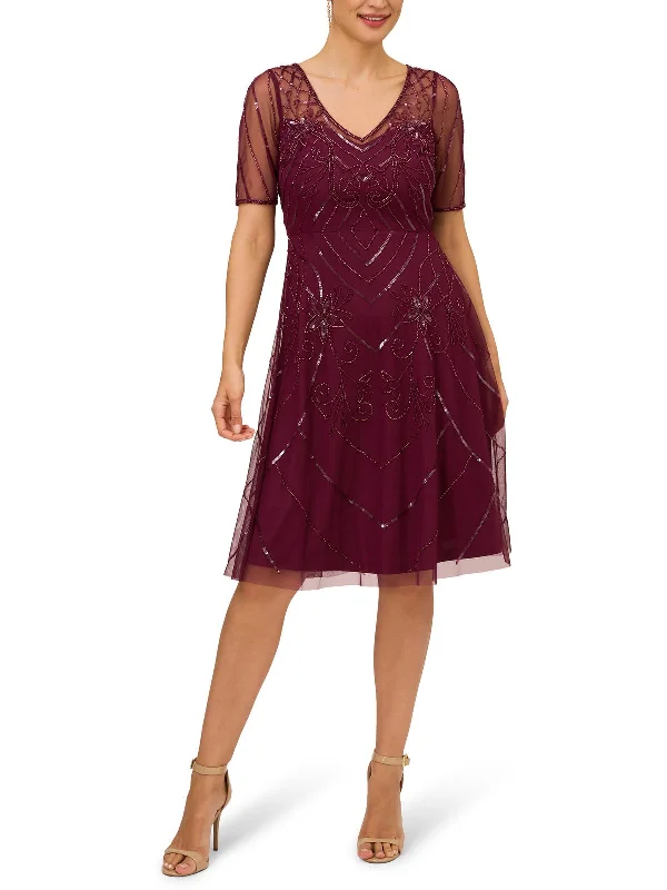 Womens Sequin Beaded Cocktail And Party Dress Tunics Mesh breathable
