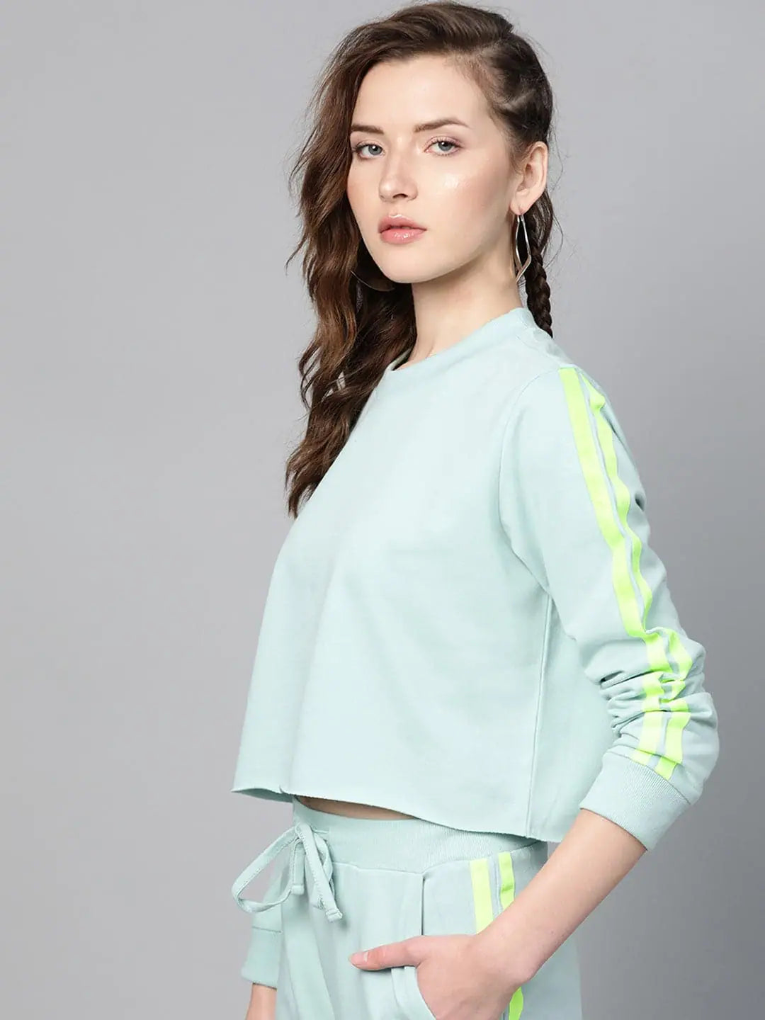Sea Green Double Tape Boxy Crop Sweatshirt Hoodie with Frayed Bohemian Relaxed
