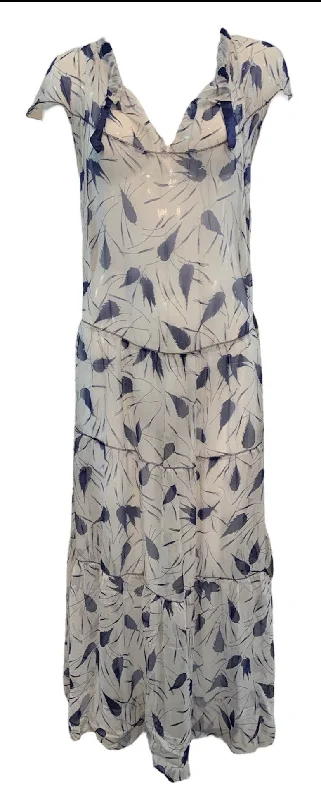 30s Dress White and Blue Chiffon with Tiered Skirt Crew Neckline Casual