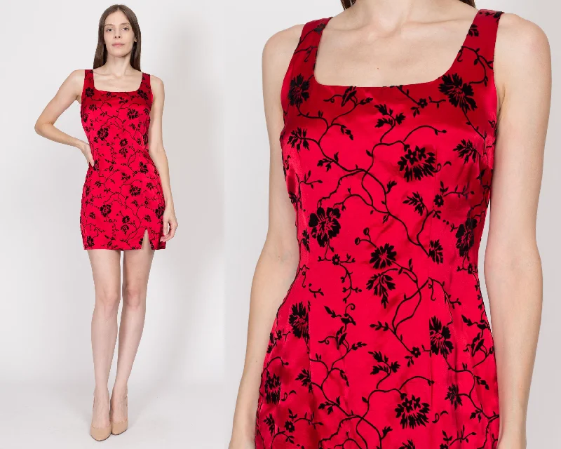 Small 90s Red & Black Floral Mini Party Dress Tunics Plaid country