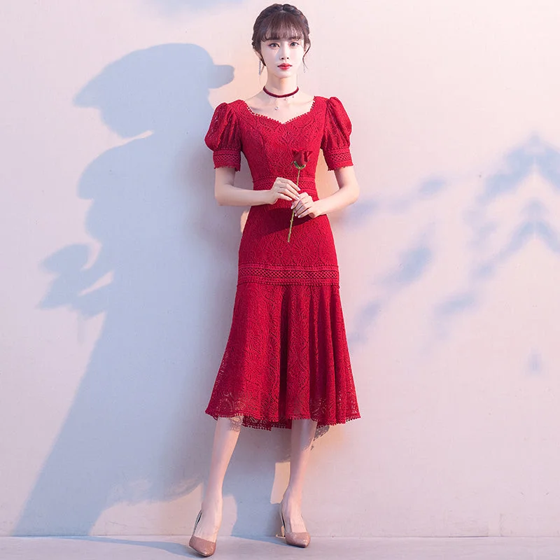 Puff Sleeve Floral Lace Tea Length Mermaid Oriental Evening Dress Tunics Trousers formal Puff Sleeve Floral Lace Tea Length Mermaid Oriental Evening Dress Tunics Trousers formal