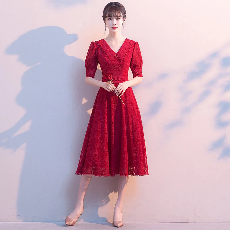 Puff Sleeve Floral Lace V Neck Tea Length Oriental Evening Dress Tunics Brand named