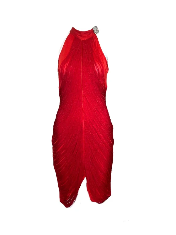 Climax 70s Red Fringed Disco Dress Halter Neckline Beach