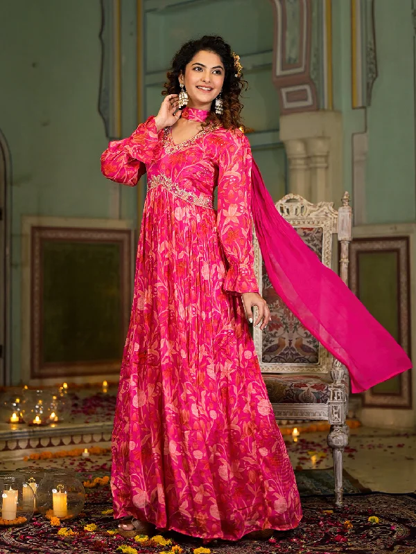Women's Rani Pink Digital Print Zardozi Work Chinon fabric Long Party Dress with Organza Dupatta - Taantav Tunics Cozy comfortable