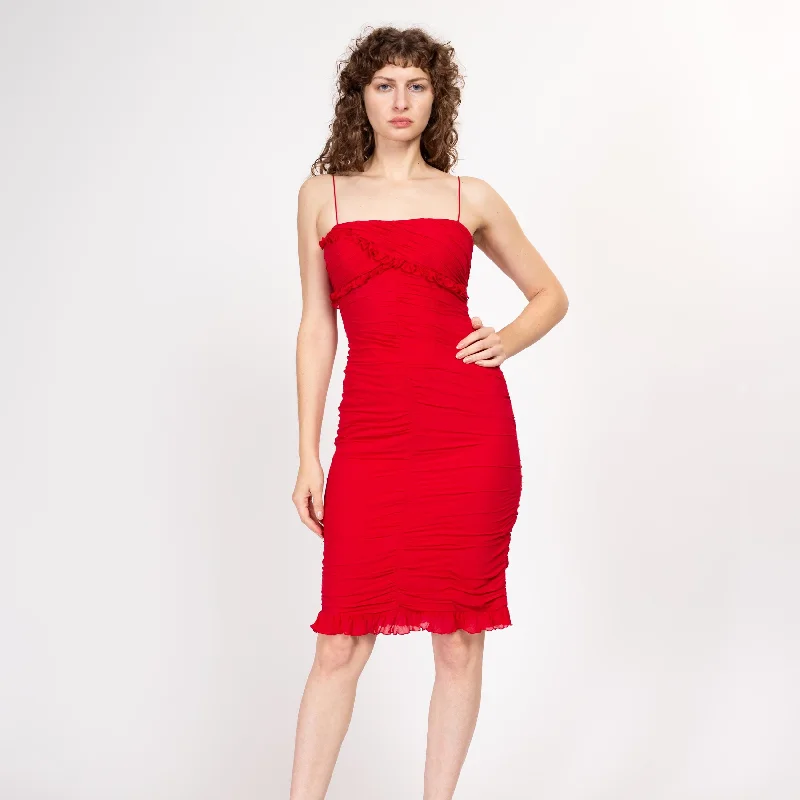 Small 90s Cache Red Silk Ruched Party Dress Tunics Top Casual