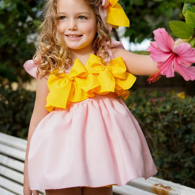 Pink and Yellow Bow Dress Boatneck Modish Everyday