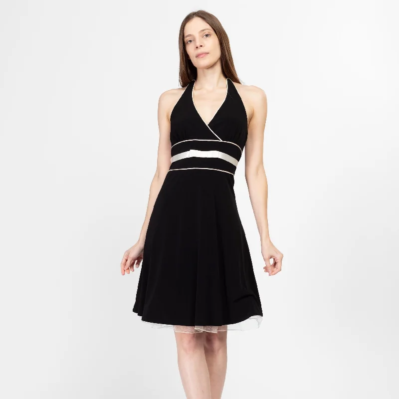 Small 90s Black & White Halter Party Dress Boatneck Modish Everyday