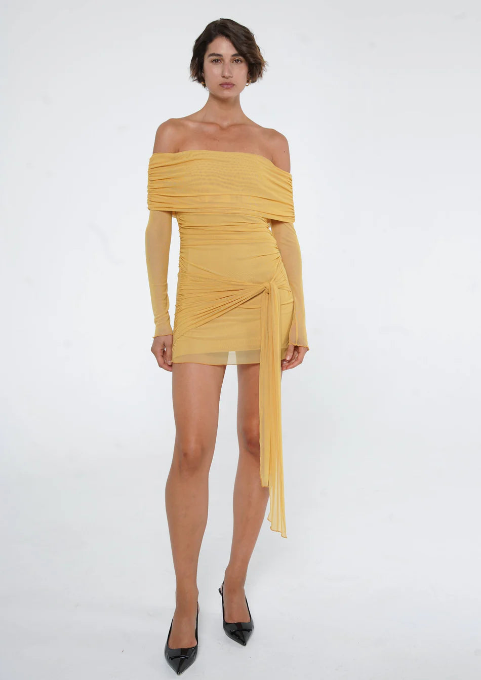 Hire BENNI Yasmin Off Shoulder Mini Dress in Mustard Yellow Fashionable Pleated Mini Dress Hire BENNI Yasmin Off Shoulder Mini Dress in Mustard Yellow Fashionable Pleated Mini Dress