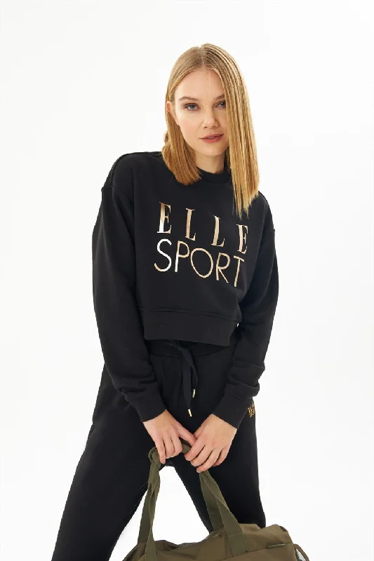 Angelino Sport Black Gilded Woman Crop Sweatshirt Hoodie with Crew Neck Simple Timeless Angelino Sport Black Gilded Woman Crop Sweatshirt Hoodie with Crew Neck Simple Timeless