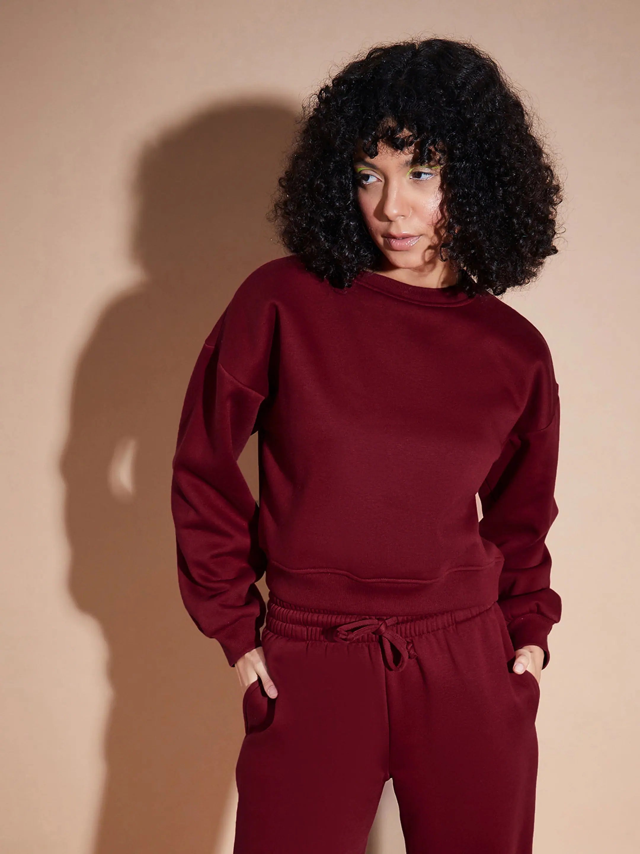 Women Maroon Premium Fleece Oversized Sweatshirt Hoodie with Rolled Sleeves Casual Relaxed Women Maroon Premium Fleece Oversized Sweatshirt Hoodie with Rolled Sleeves Casual Relaxed