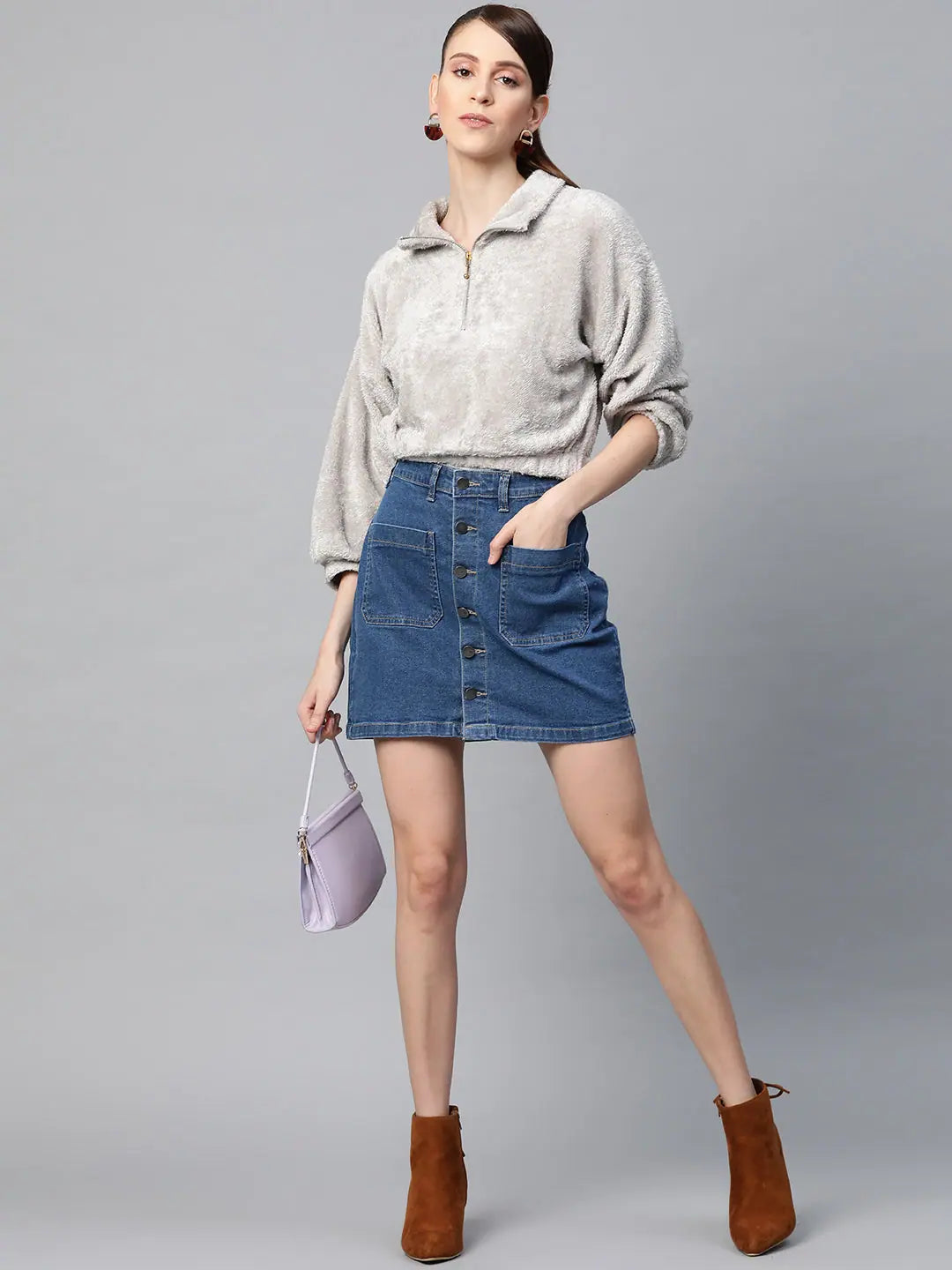 Grey Zip Front Faux Fur Crop Sweatshirt Hoodie with Fur Luxurious Winter
