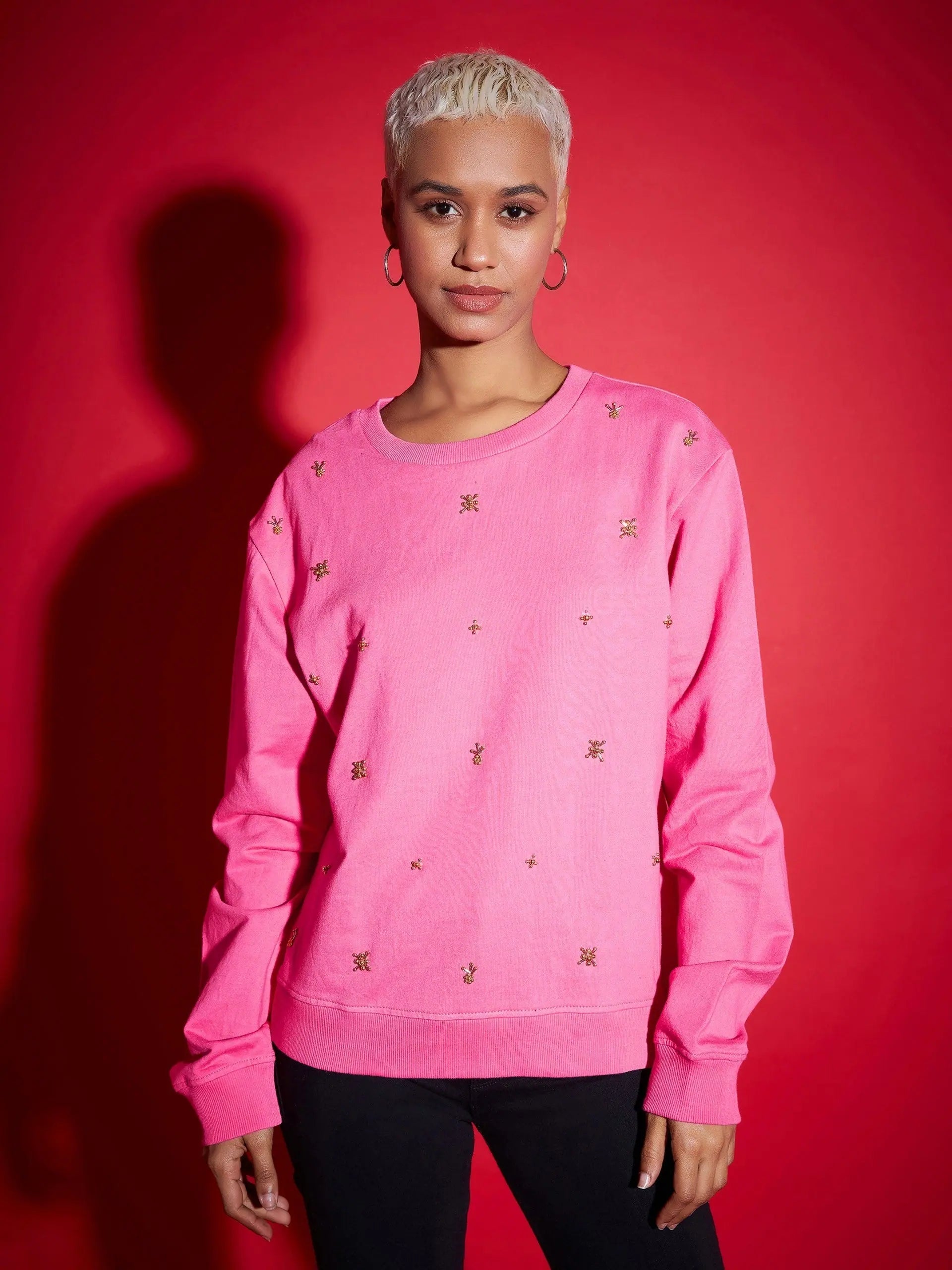 Women Pink Terry All Over Pearl Sweatshirt Hoodie Sweatshirt Pullover
