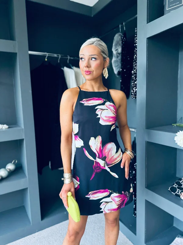 Makayla Print Racer Neck Slip Mini Dress Black Floral Elegant Sequin Mini Dress