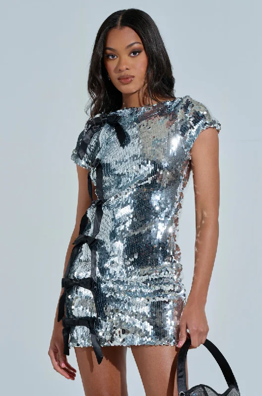 I'M THE GIFT SEQUIN MINI DRESS WITH BOWS Cozy Ruched Mini Dress