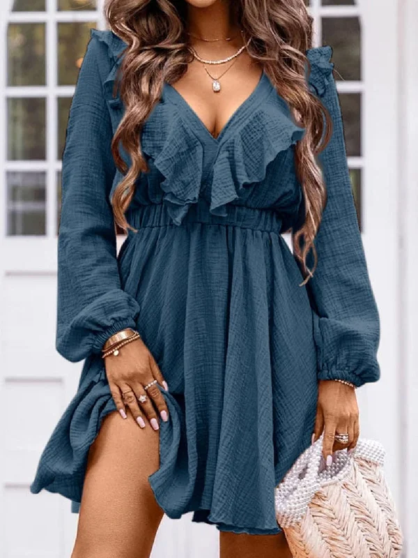 Blue Ruffle Trim V-Neck Cotton Mini Dress with High Waist Elegant Satin Lace Mini Dress Blue Ruffle Trim V-Neck Cotton Mini Dress with High Waist Elegant Satin Lace Mini Dress