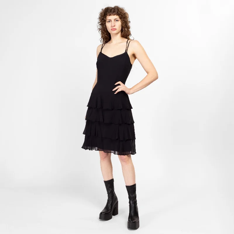 Medium 90s Black Strappy Low Back Tiered Skirt Party Dress NWT sweetheart Neckline Romantic