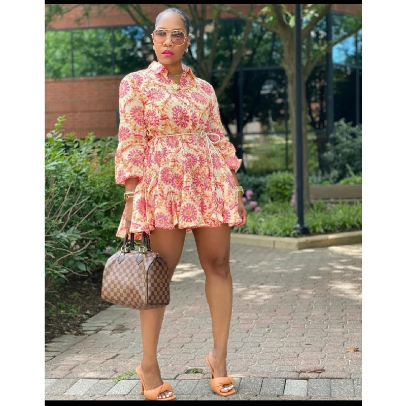 V-Neck Floral Print Mini Dress Trendy Denim Mini Dress