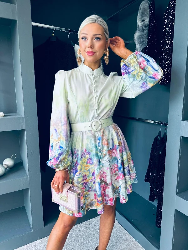 Blossom Detailed Occasion Mini Dress Mint Elegant Mini Dress with Ruffles