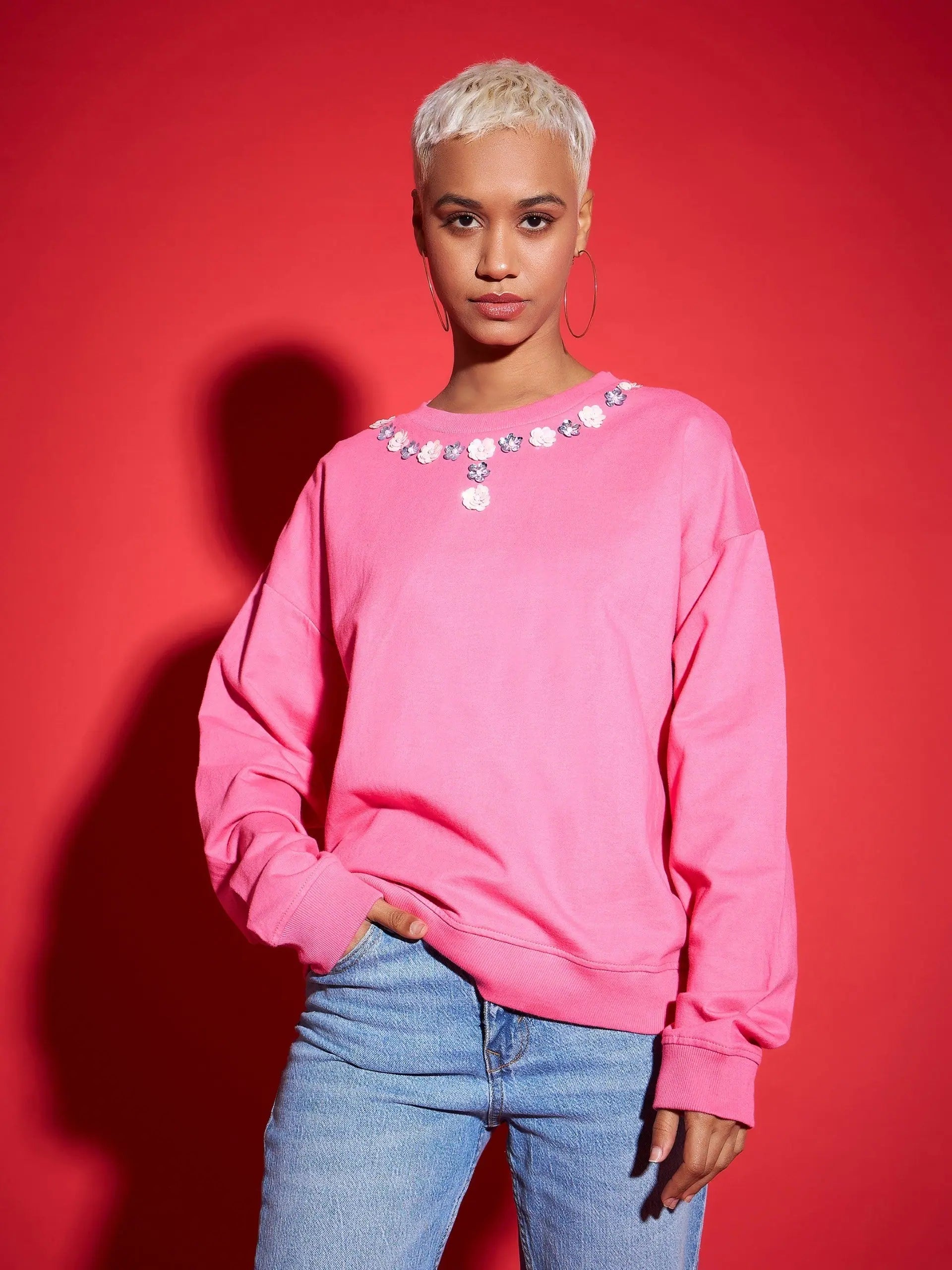 Women Pink Terry Neck Sequin Embellished Oversized Sweatshirt Zip Hoodie Drawstring Kangaroo Pocket