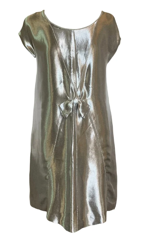 Fendi  Silver Reflective Space Age Bow-Front Shift Dress Tunics Silk luxurious