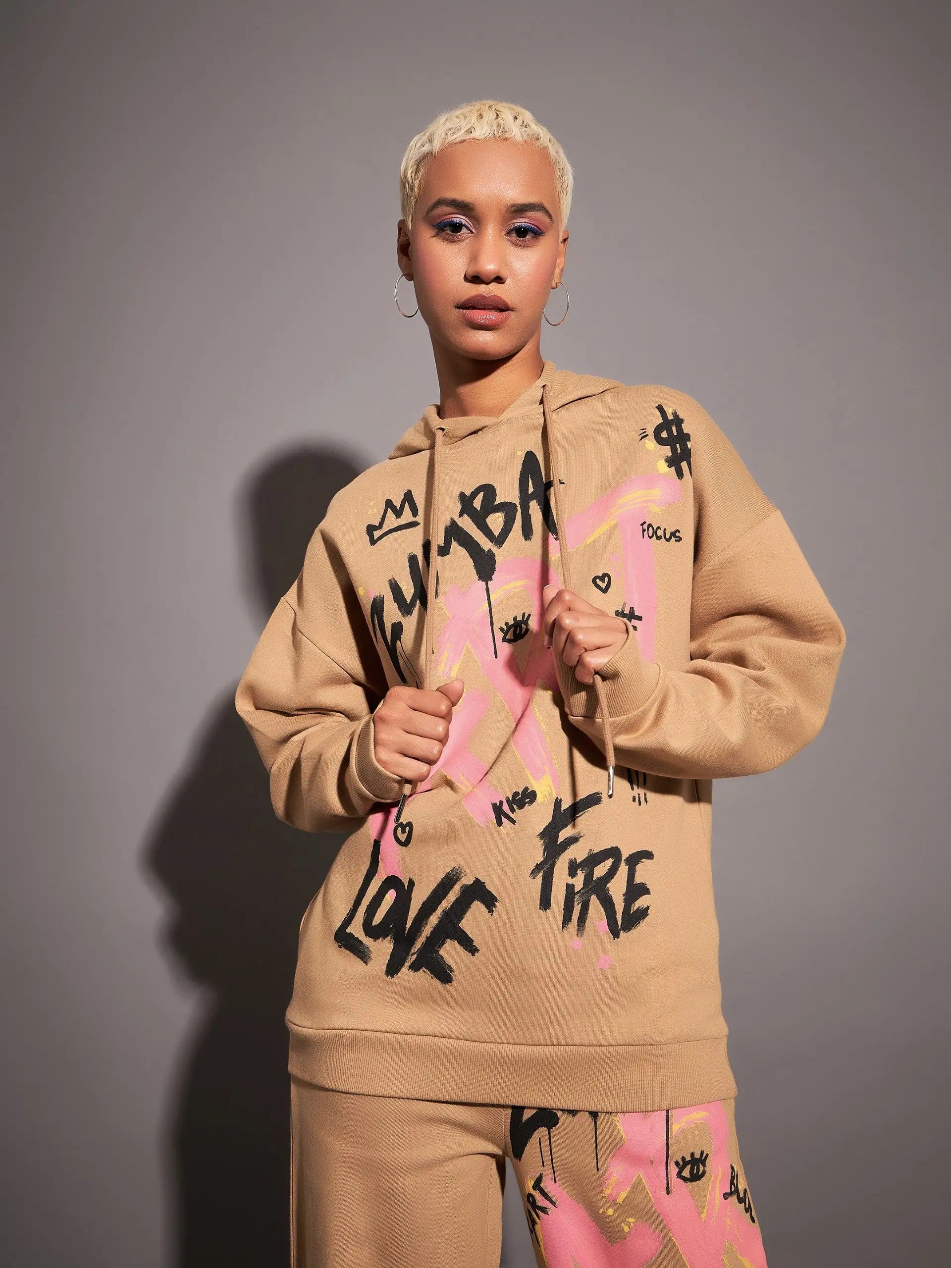 Women Beige Art Printed Hoodie Graphic Hoodie Design Print