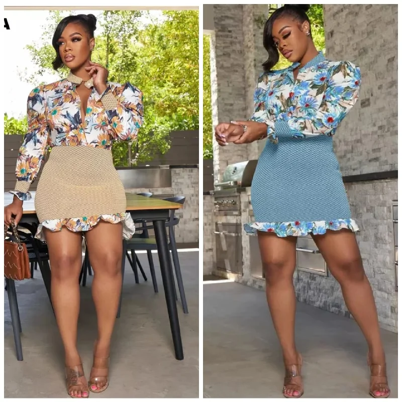 Ruffle Floral Patchwork Mini Dress Elegant Satin Mini Dress