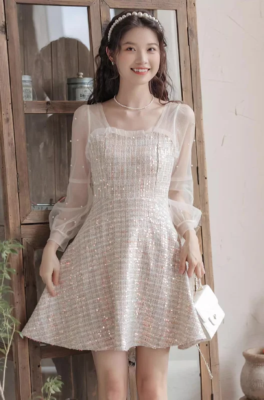 Daytime Sequin Tweed Mini Dress (Beige) Trendy Mini Dress with Belt