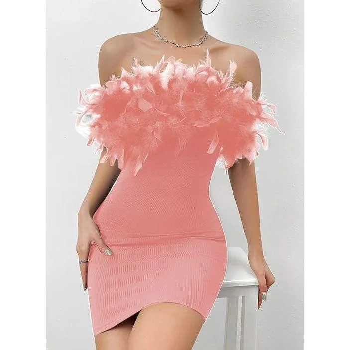 Feather Bodycon Mini Dress Cozy Ribbed Mini Dress