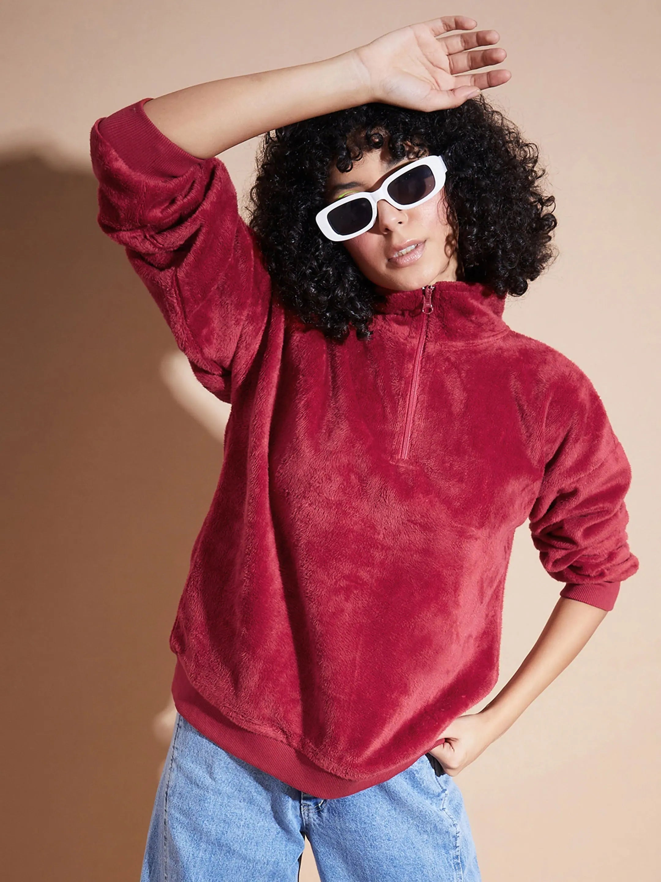 Women Maroon Front Zipper High Neck Sweatshirt Hoodie with Ribbed Neckline Snug Warm
