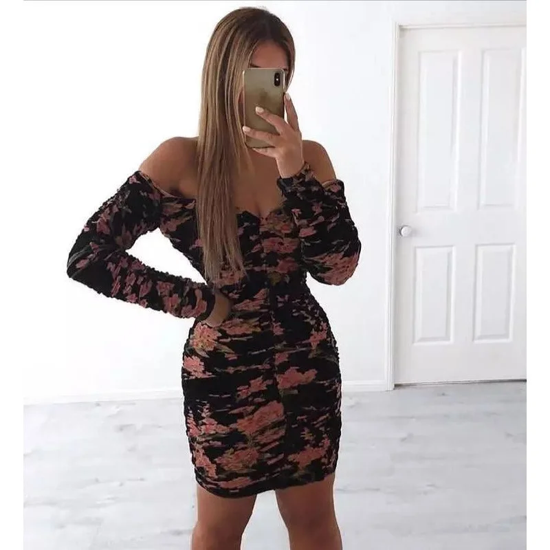 Ruched floral Bodycon Mini Dress  Trendy Bodycon Mini Dress