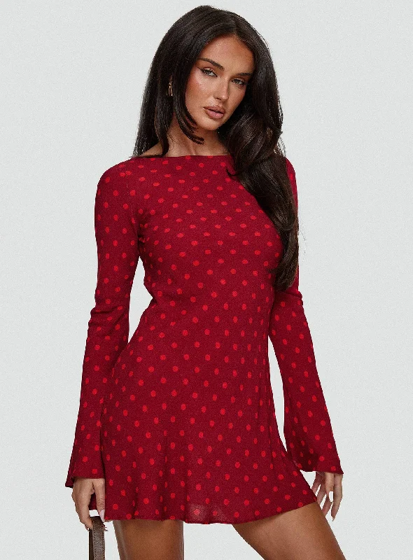 Good Graces Long Sleeve Mini Dress Red Dot Elegant Tulle Mini Dress