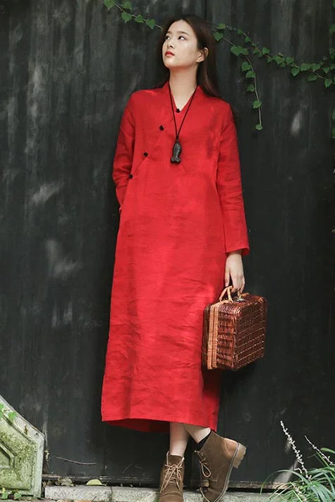 single-breasted vintage loose waist commuter linen long dress CYM352 Elegant Long Evening single-breasted vintage loose waist commuter linen long dress CYM352 Elegant Long Evening