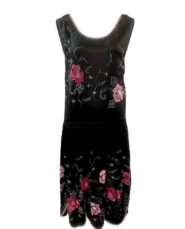 20s Satin Floral Beaded Dress with Scallop Hem Tunics Cozy soft