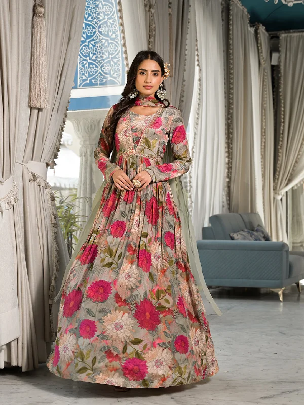 Women's Pink Multi Digital Print Pure Crepe Long Party dress with Dupatta - Taantav Tunics Sophisticated sleek