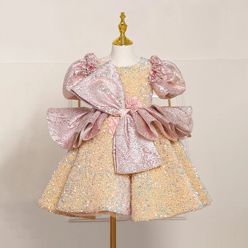 Toddler Prom Dress Girl Luxurious Sequin Big Bow Puff Sleeves Princess Birthday Dress Tunics stripes playful Toddler Prom Dress Girl Luxurious Sequin Big Bow Puff Sleeves Princess Birthday Dress Tunics stripes playful
