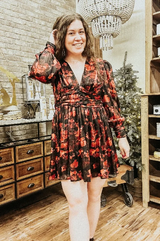 Red Floral Long Sleeve Mini Dress Fashionable Button-Front Mini Dress