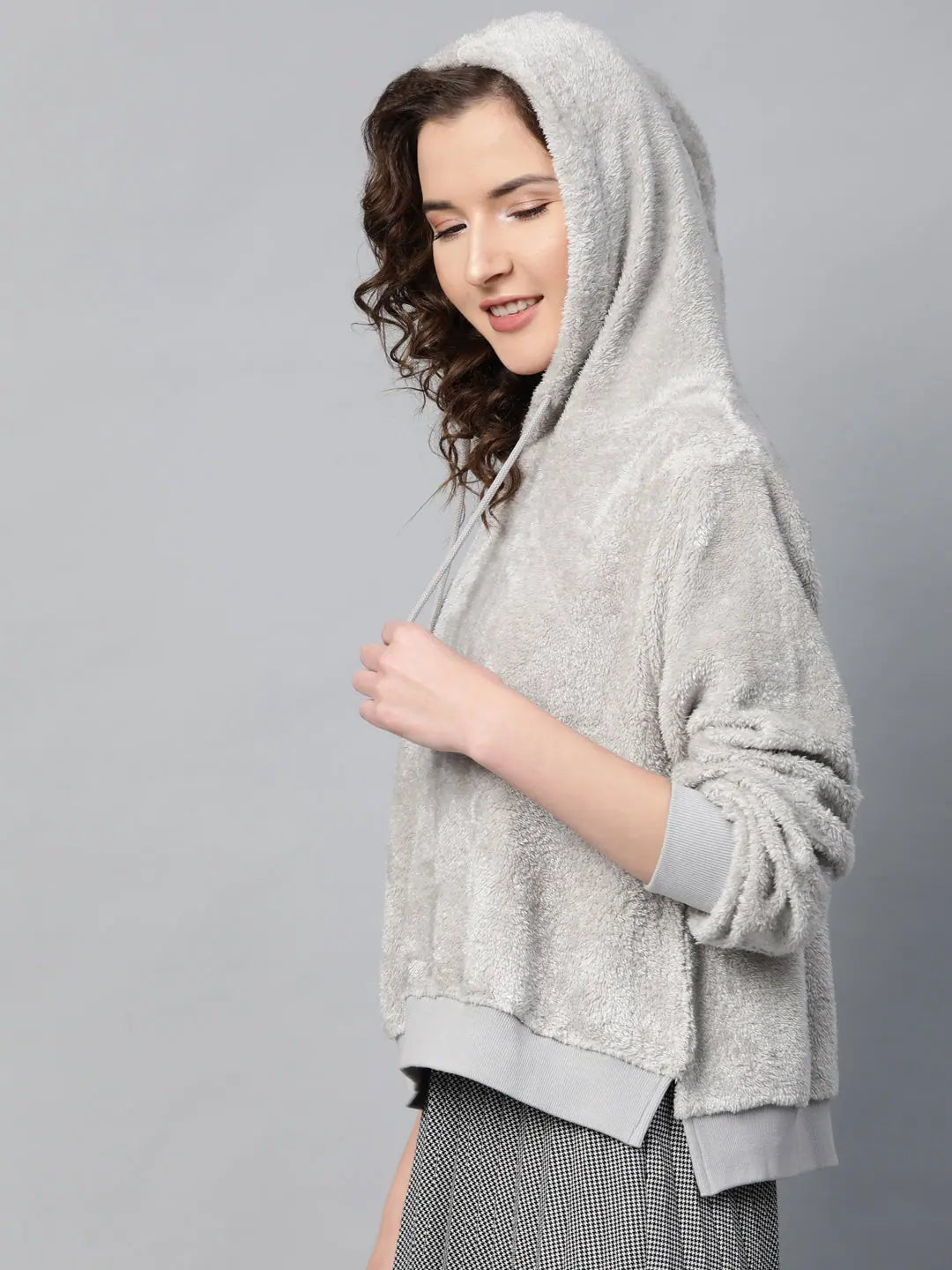 Grey Hooded Faux Fur Sweatshirt Hoodie with Illustration Artistic Creative