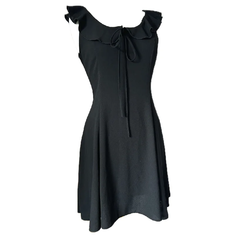 Frill collar vintage 1970s black poly crepe mini dress Chic Bohemian Mini Dress
