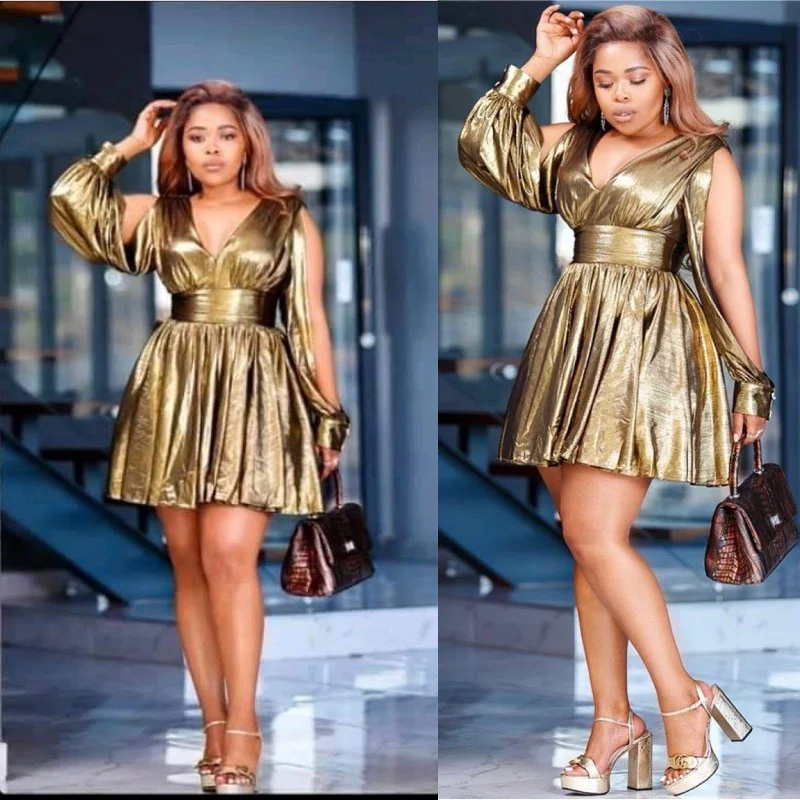 Slit Sleeve Golden Mini Dress Classic Shift Mini Dress