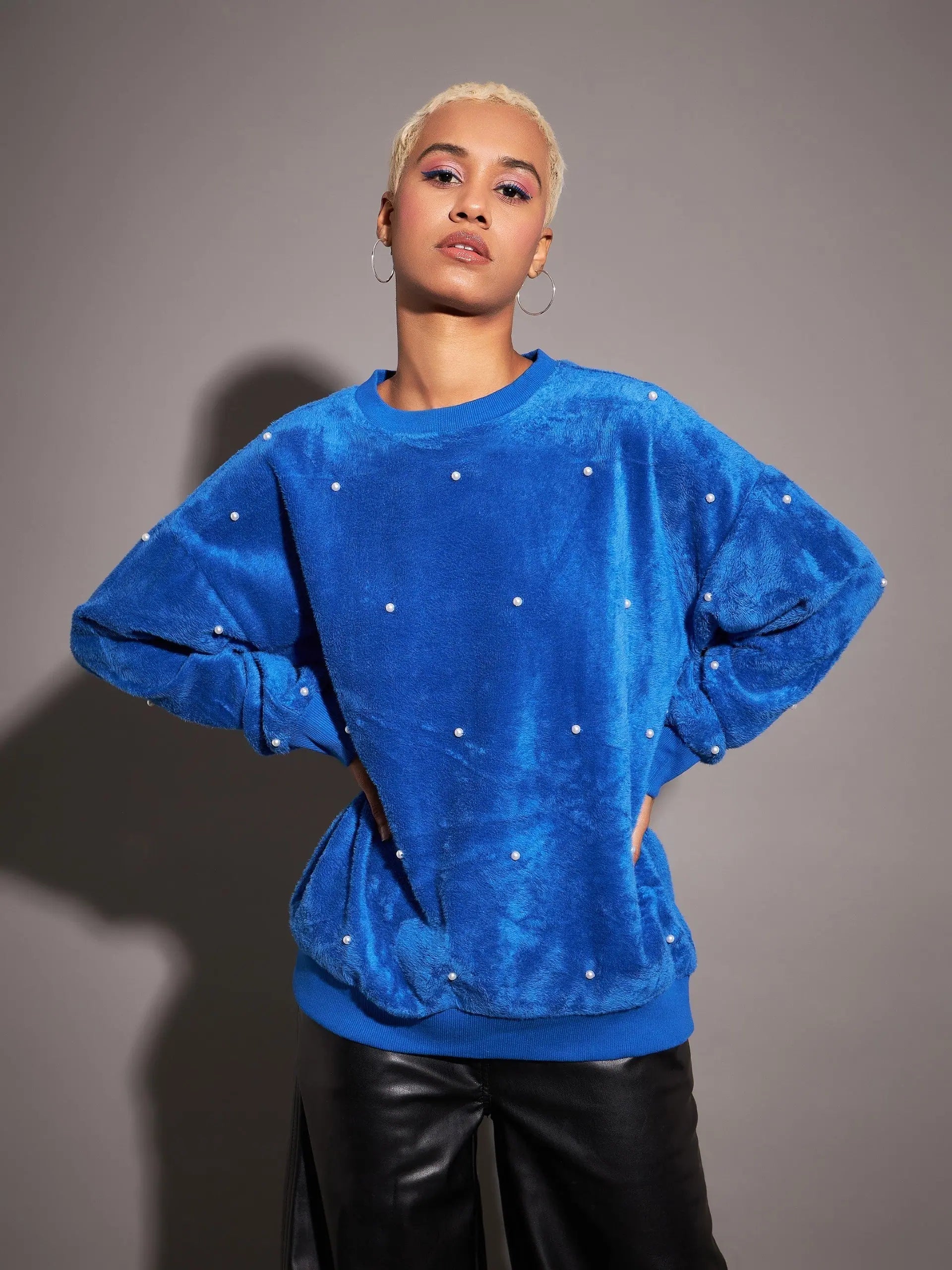 Women Royal Blue Fur Pearl Sweatshirt Hoodie with Turtle Neck Cozy Winter