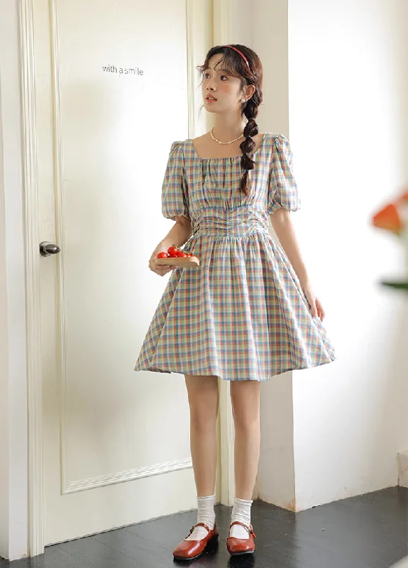 Iridescent Plaid Mini Dress (Rainbow) Comfortable Linen Mini Dress