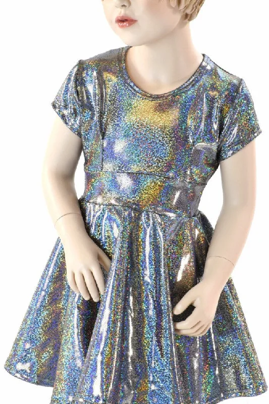 Girls Silver Holographic Party Dress Tunics Versatile stylish