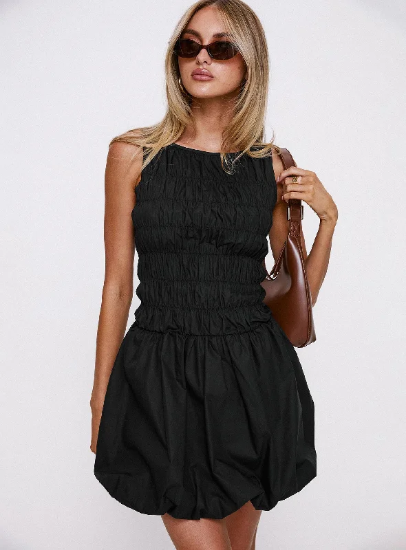 Demure Shirred Bubble Hem Mini Dress Black Chic Bohemian Mini Dress