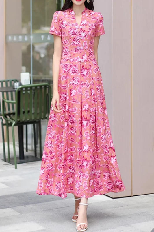 Pink flower printed maxi prom chiffon dress 5043 Tunics Chinos classic