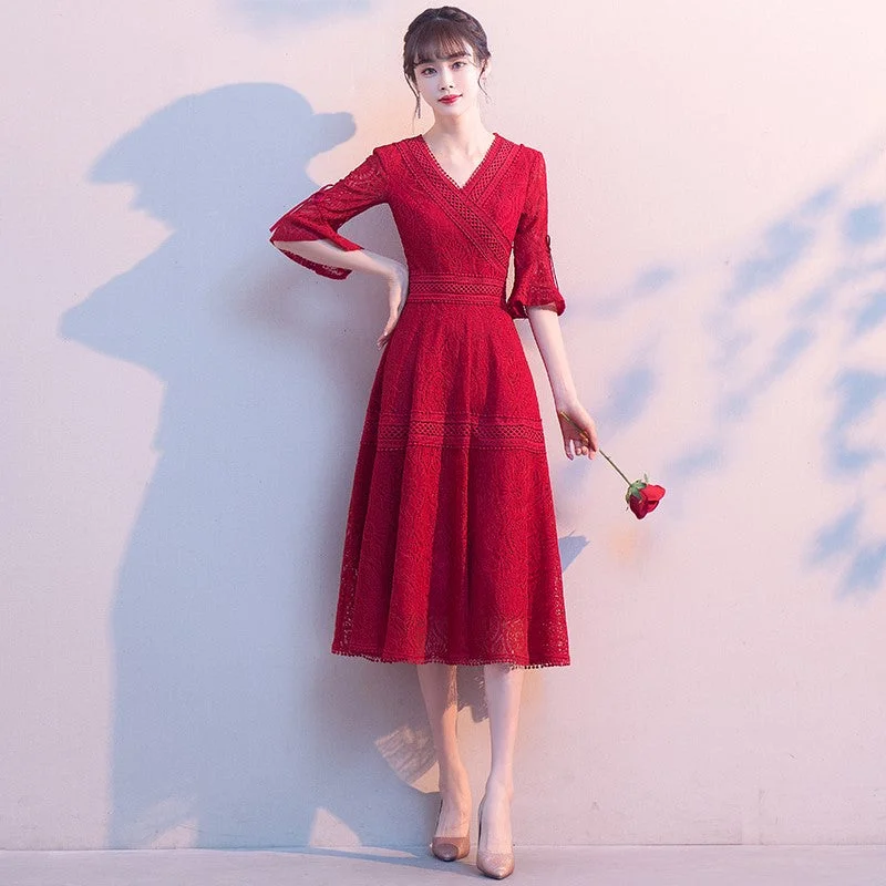 Trumpet Sleeve Floral Lace V Neck Tea Length Oriental Evening Dress Tunics Exclusive limited Trumpet Sleeve Floral Lace V Neck Tea Length Oriental Evening Dress Tunics Exclusive limited