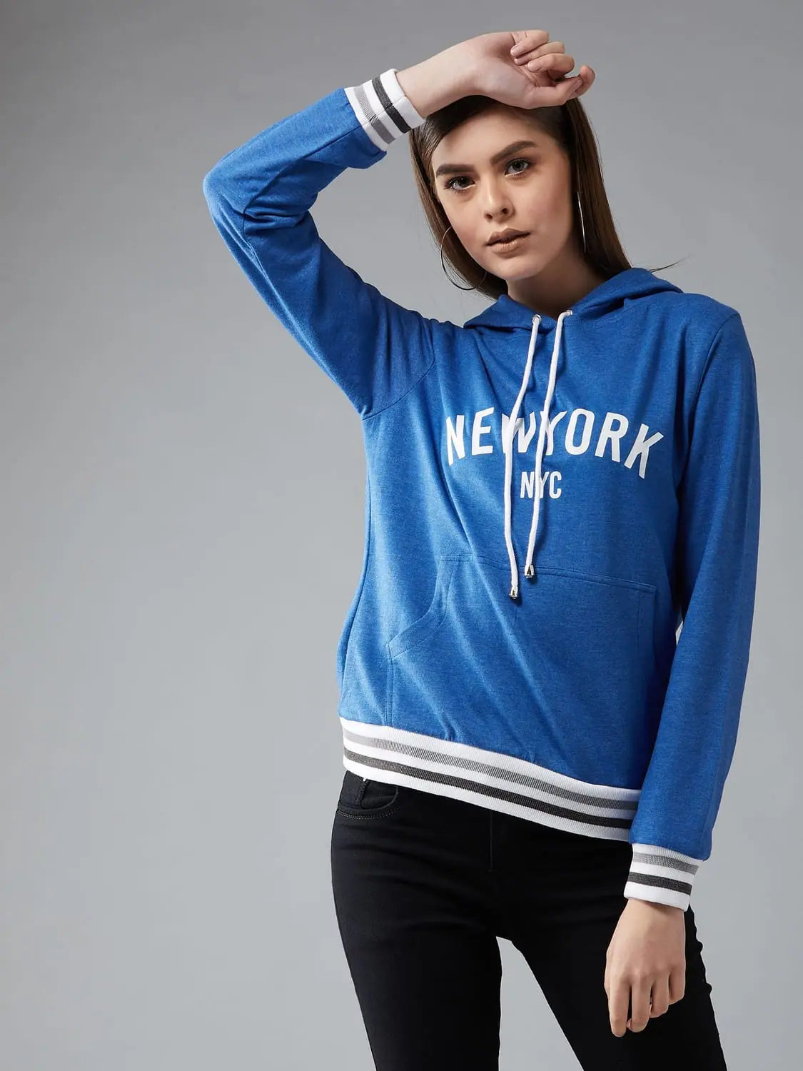 Blue NYC Print Hooded Sweatshirt Hoodie with Pastel Soft Subtle
